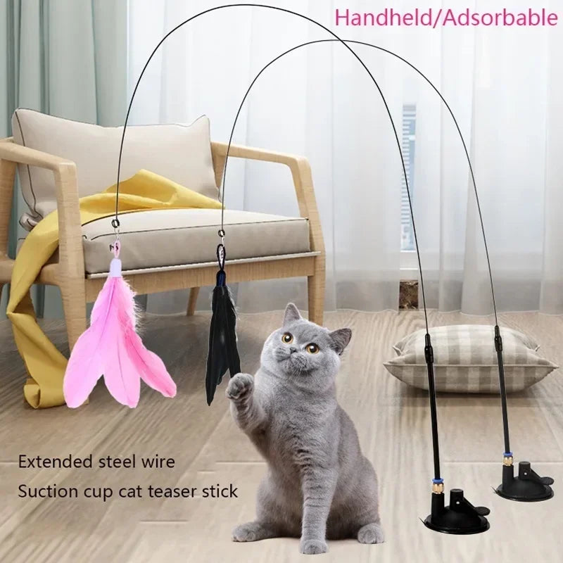 Brinquedo Interativo com Ventosa e Pena para Gatos, Varinha de Provocação, Ventosa de Arame de Aço com Pena para Gatos, Sino para Gatos