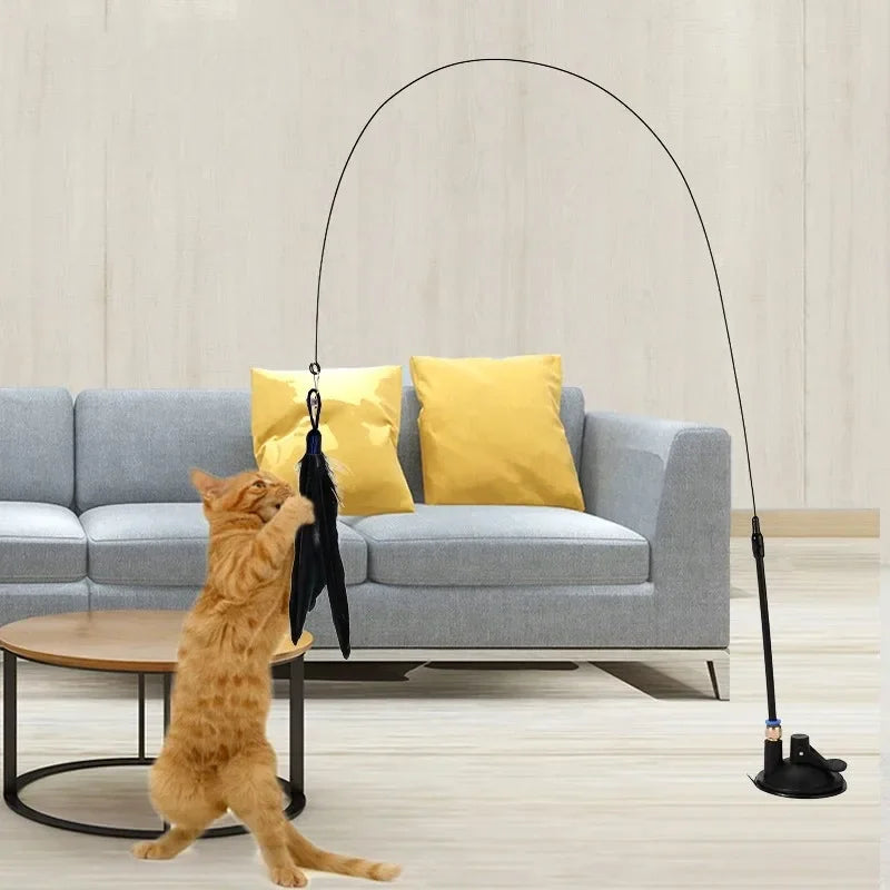 Brinquedo Interativo com Ventosa e Pena para Gatos, Varinha de Provocação, Ventosa de Arame de Aço com Pena para Gatos, Sino para Gatos