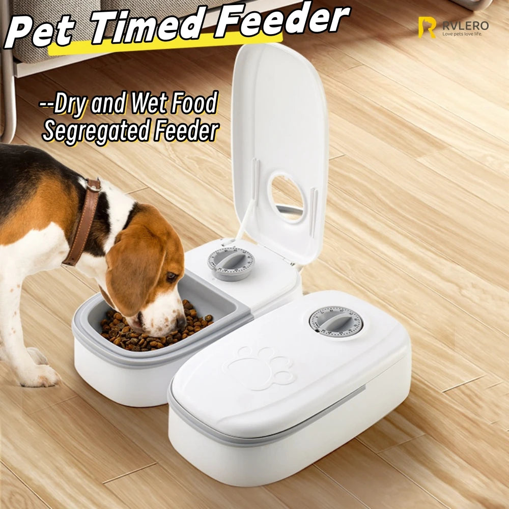 Alimentador automático para pets com quantificação programada, tigelas separadas para ração seca e úmida, fácil de limpar, para viagens curtas e uso doméstico