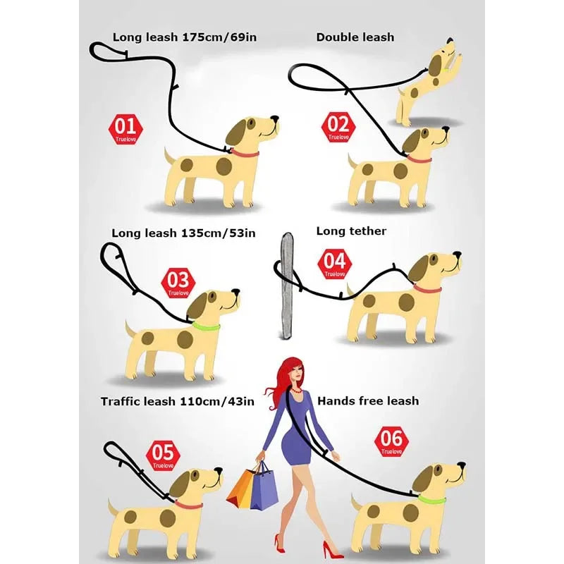Truelove 7 em 1 Guia para Cães Ajustável Multifuncional Treinamento Mãos Livres Reflexivo Multiuso Passeio 2 Cães